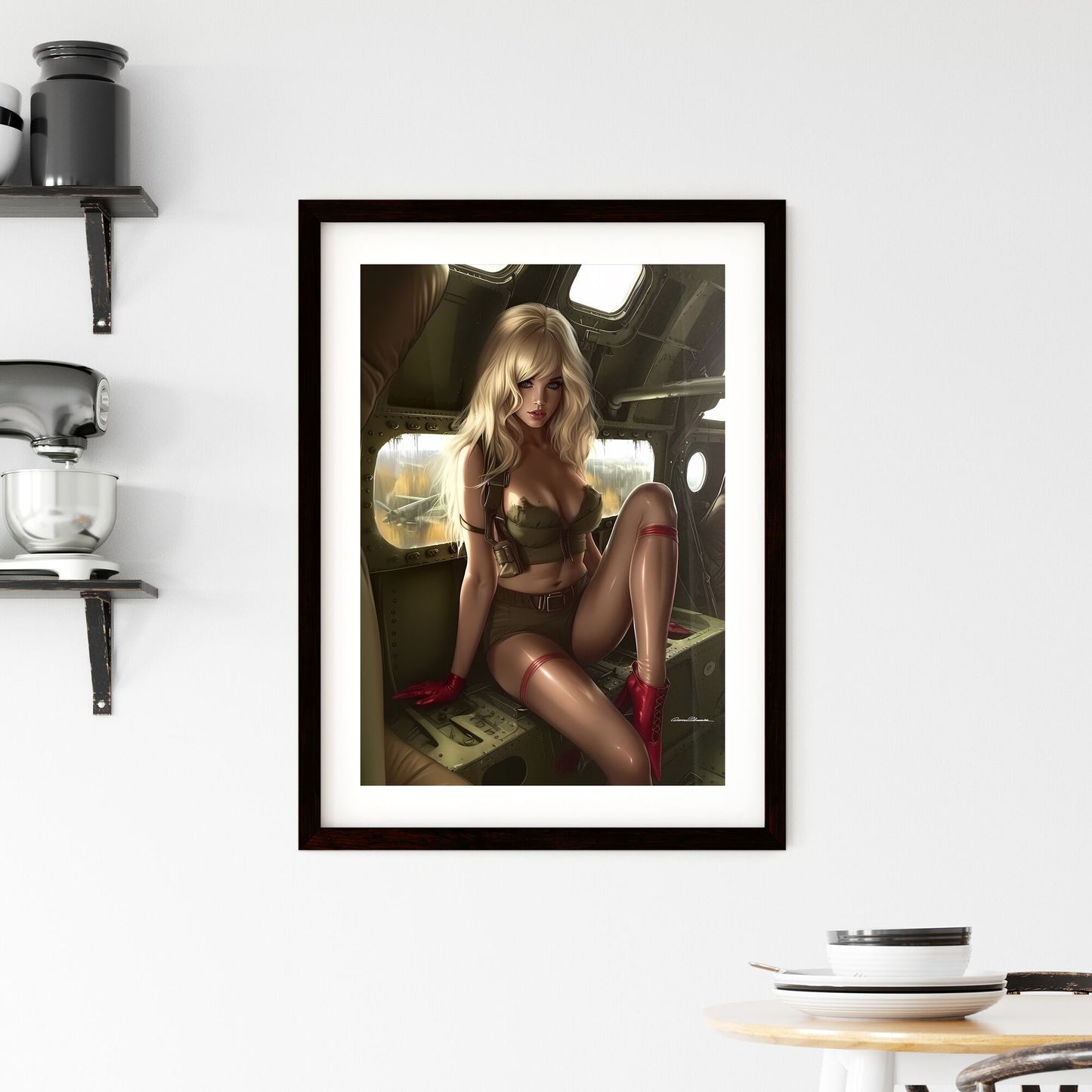 Blonde pin up girl in stockings with red high heels aviation style - Art print of a woman sitting in a plane Default Title