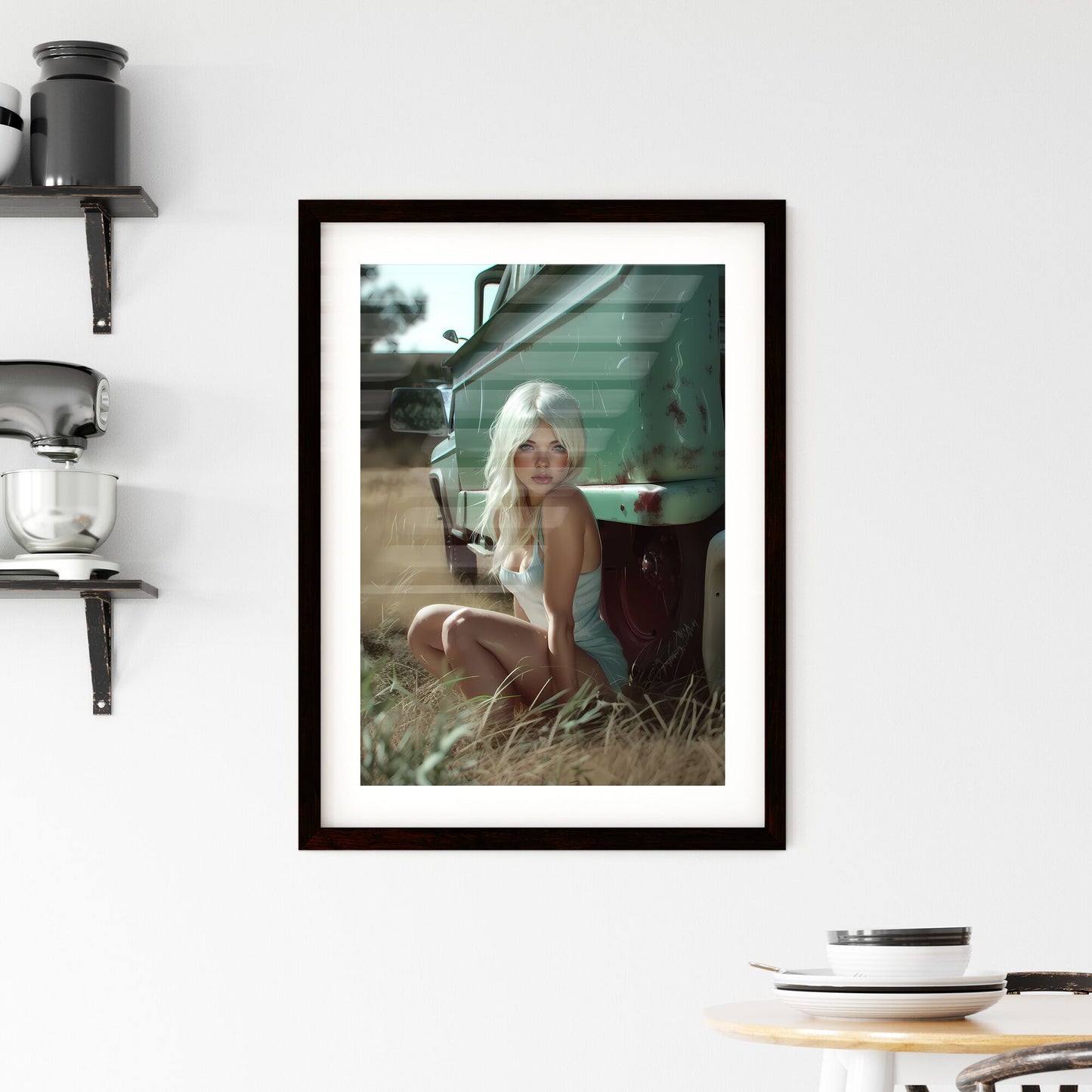 Sitting pin up factory worker girl,looking amazing - Art print of a woman sitting in a field next to a green truck Default Title