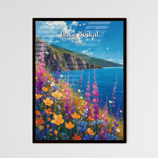 Lake Baikal, Russia - Art print of a painting of flowers on a cliff by the water Default Title