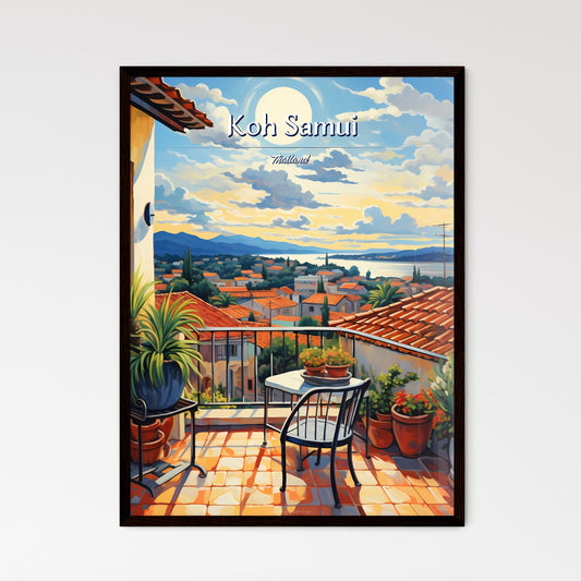 On the roofs of Koh Samui, Thailand - Art print of a painting of a balcony with a view of a city and mountains Default Title