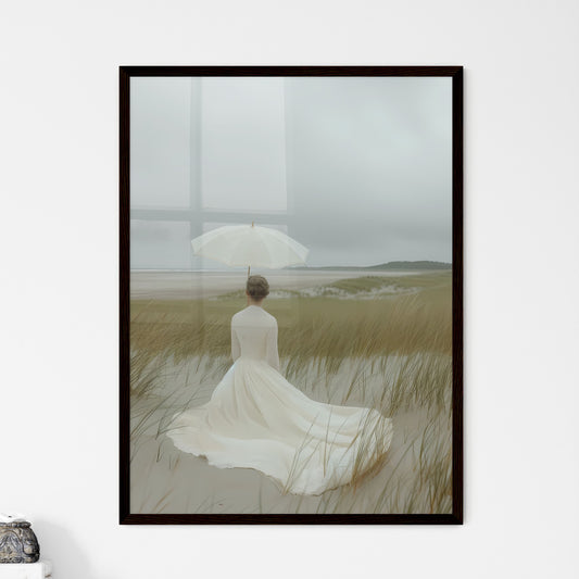 Realistic photo, portrait, young blond woman sitting on the beach under a beach umbrellain - Art print of a woman in a white dress holding an umbrella in a field Default Title