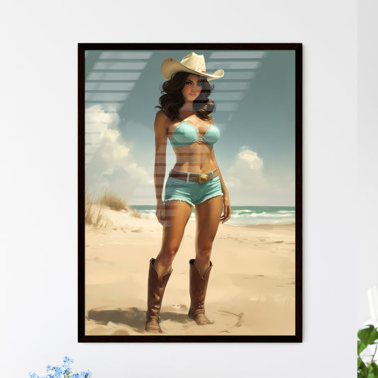 Cowgirl woman beautiful, shorts, boots, cowboy hat, ascot - Art print of a woman in a garment and cowboy boots on a beach Default Title