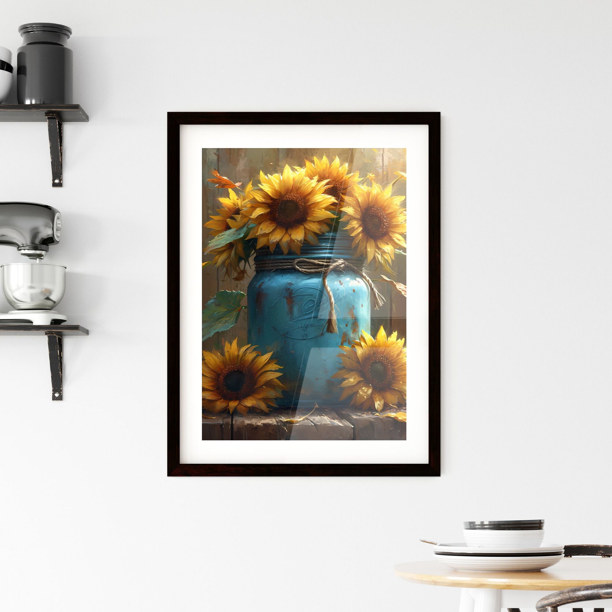A vibrant bunch of sunflowers in a vintage jar - Art print of a blue jar with yellow flowers Default Title
