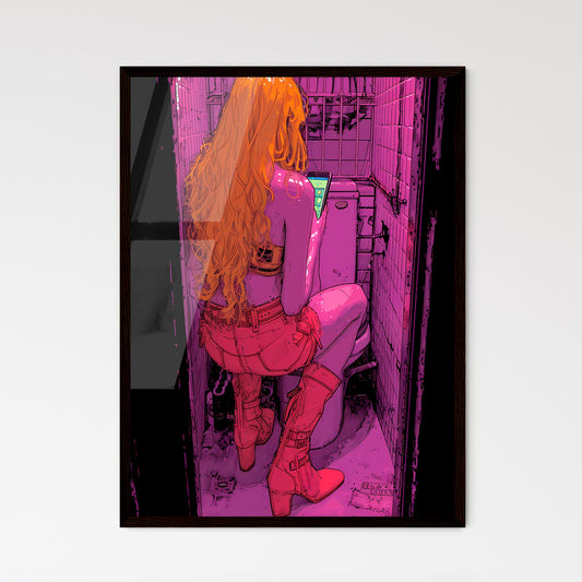 Woman sits on toilet and looks at her phone - Art print of a woman sitting on a toilet Default Title