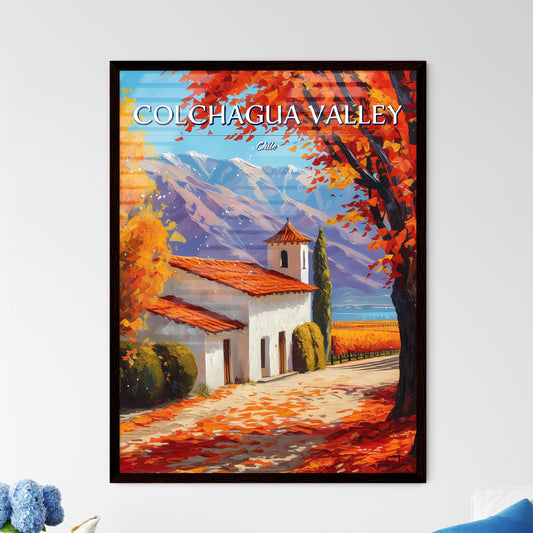 Colchagua Valley, Chile - Art print of a white building with orange leaves and trees in front of mountains Default Title