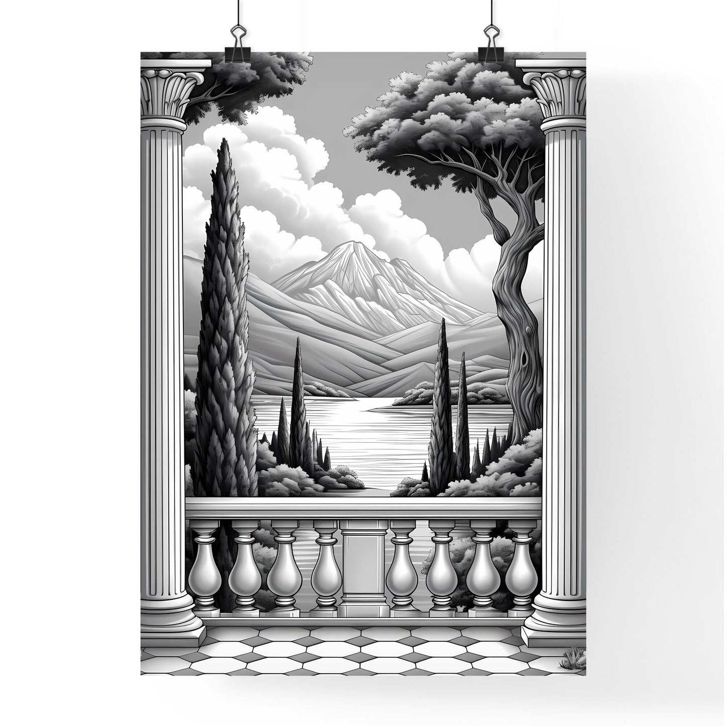 A French Chateau winery - Art print of a black and white drawing of a balcony with columns and trees and mountains Default Title