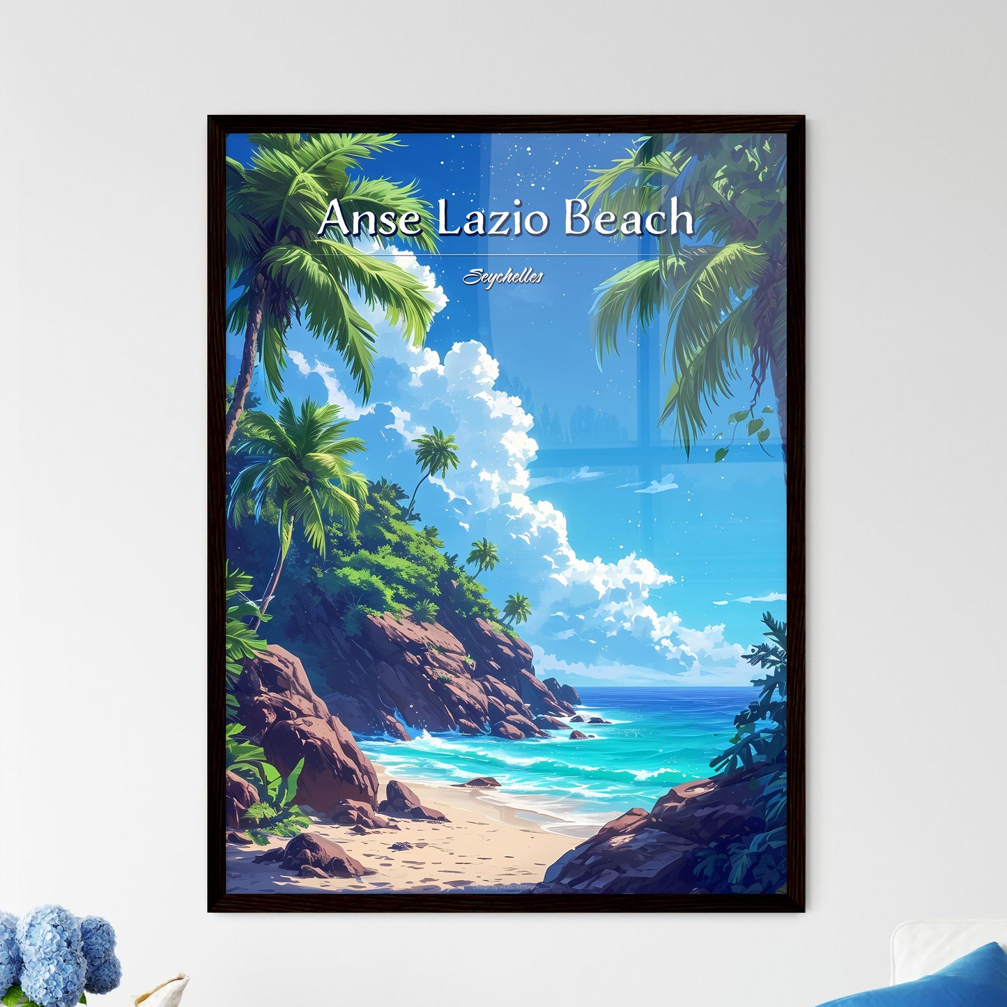 Anse Lazio Beach - Art print of a beach with palm trees and rocks Default Title