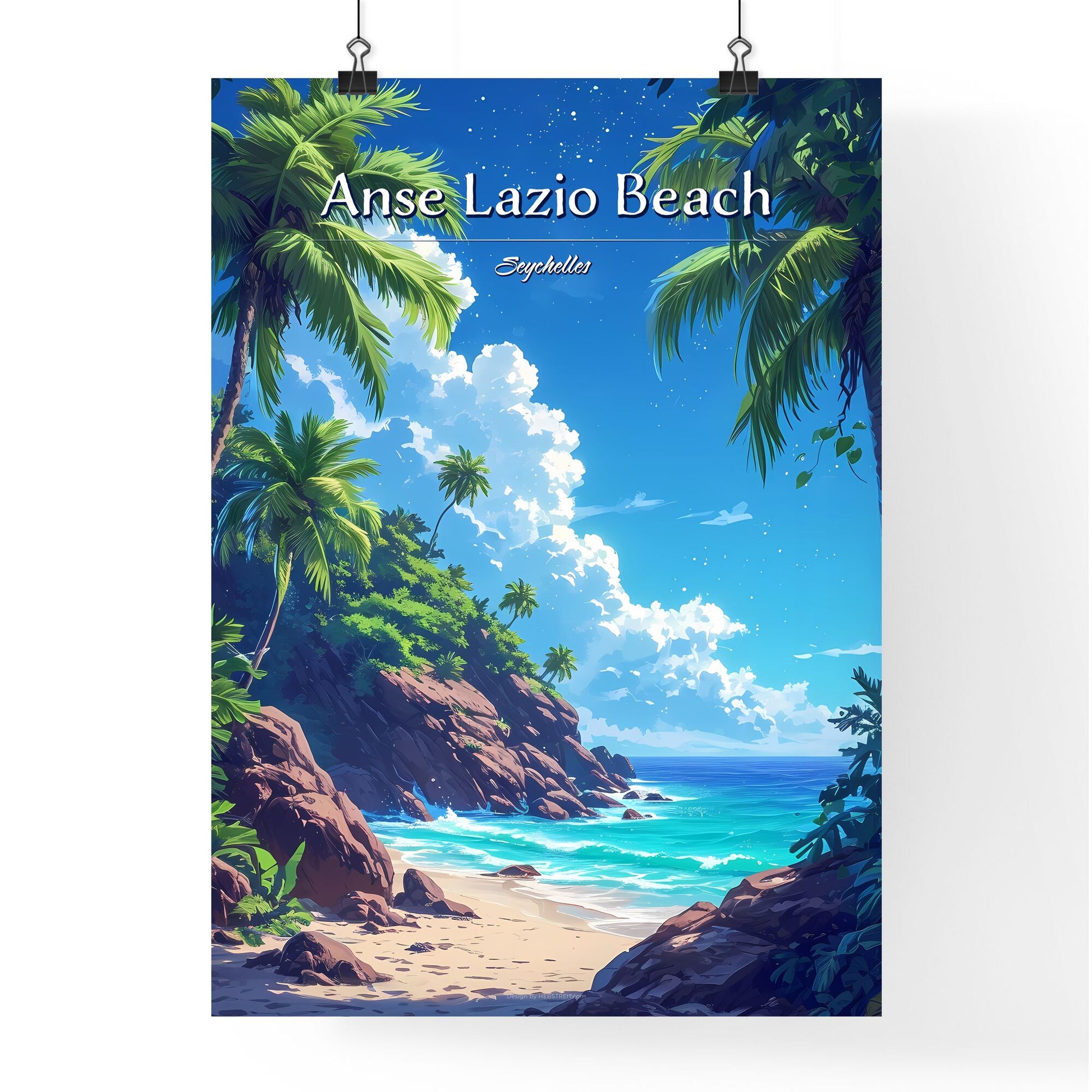 Anse Lazio Beach - Art print of a beach with palm trees and rocks Default Title