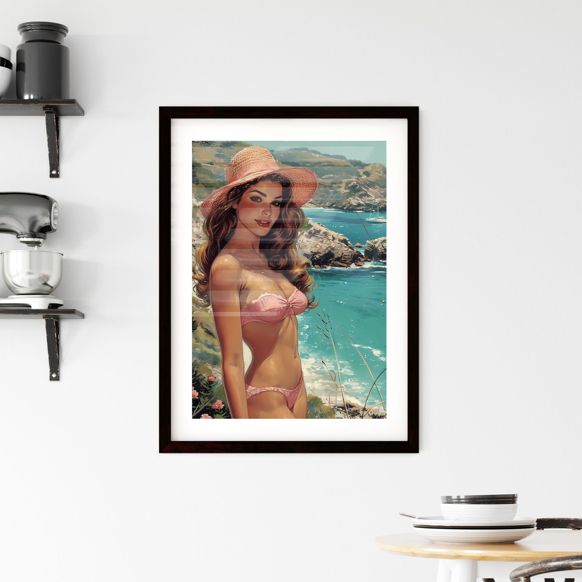 Sea Print, Coastal Painting - Art print of a woman in a garment and hat standing on a beach Default Title