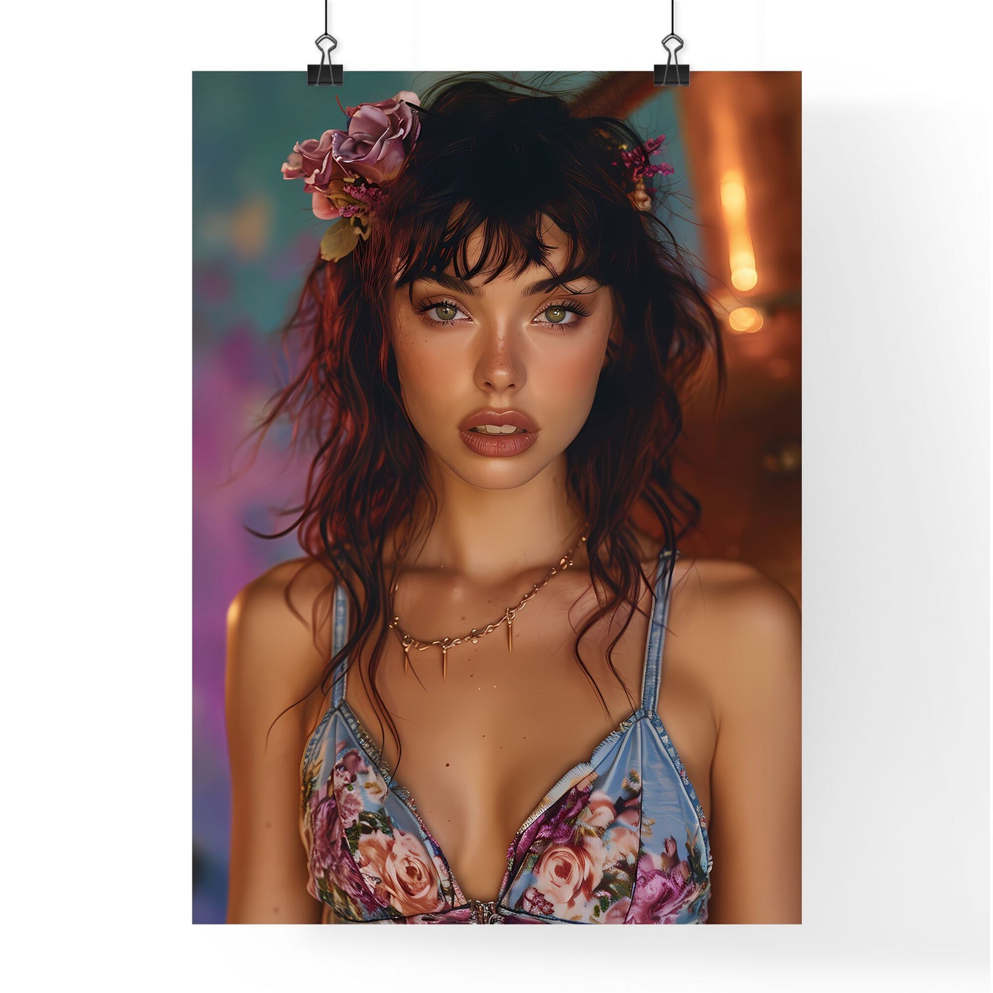 50s pin up girl sitting on top of a copper still wearing a short halter top and denim shorts - Art print of a woman with flowers in her hair Default Title