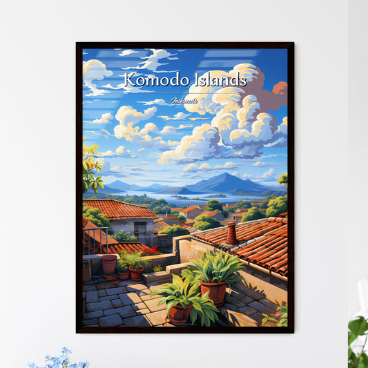 On the roofs of Komodo Islands, Indonesia - Art print of a rooftops of a town with a mountain and a body of water Default Title
