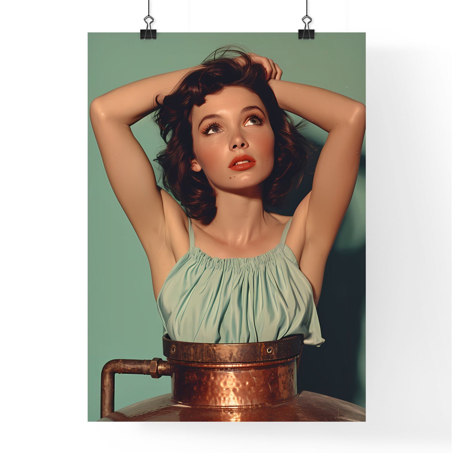 50s pin up girl sitting on top of a copper still wearing a short halter top and denim shorts - Art print of a woman with her arms behind her head Default Title