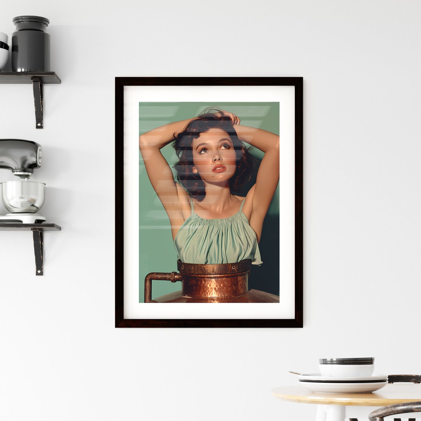50s pin up girl sitting on top of a copper still wearing a short halter top and denim shorts - Art print of a woman with her arms behind her head Default Title
