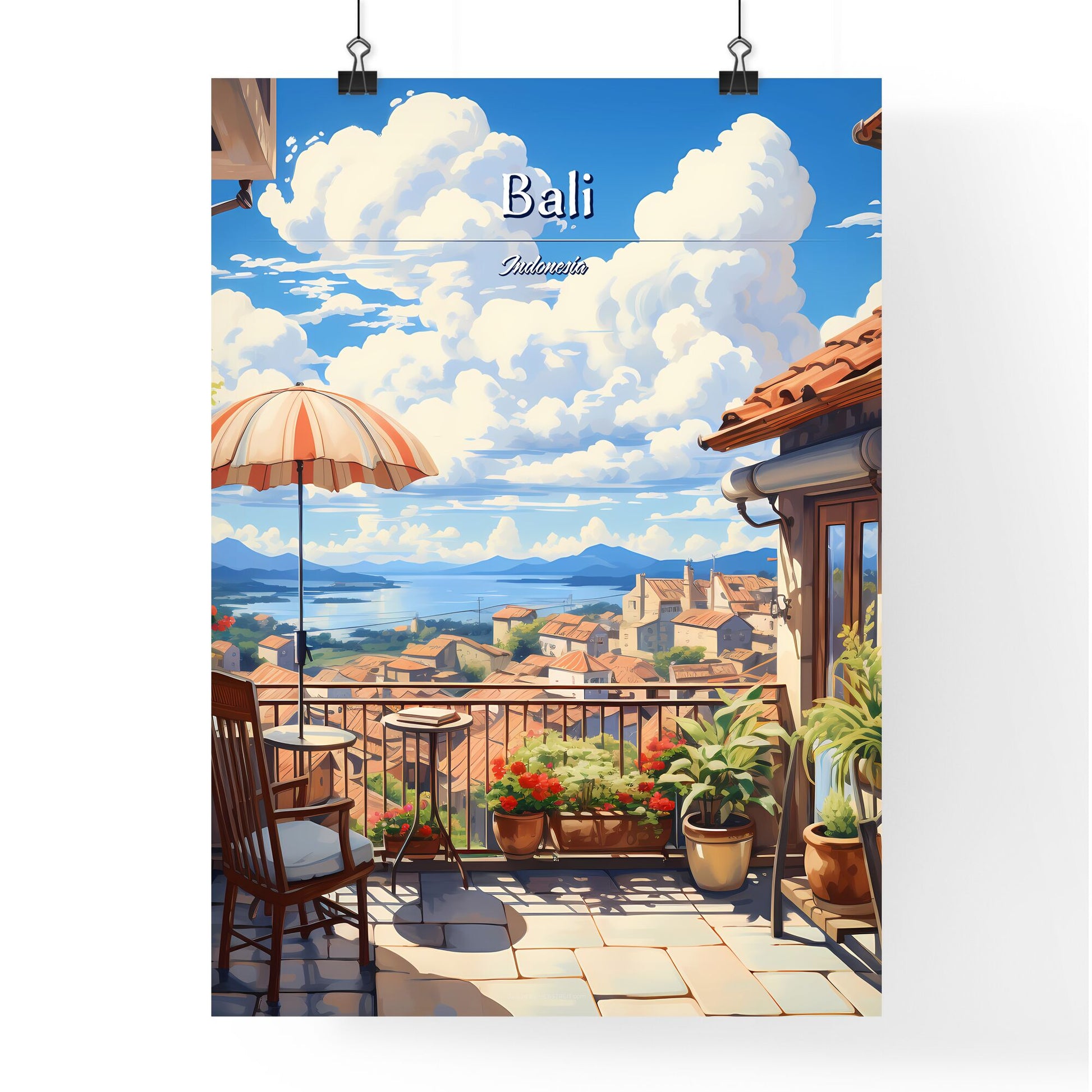 On the roofs of Bali, Indonesia - Art print of a balcony with a view of a town and a river Default Title