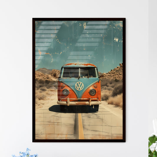 A van drives down the long road - Art print of an orange and blue van driving down a road Default Title