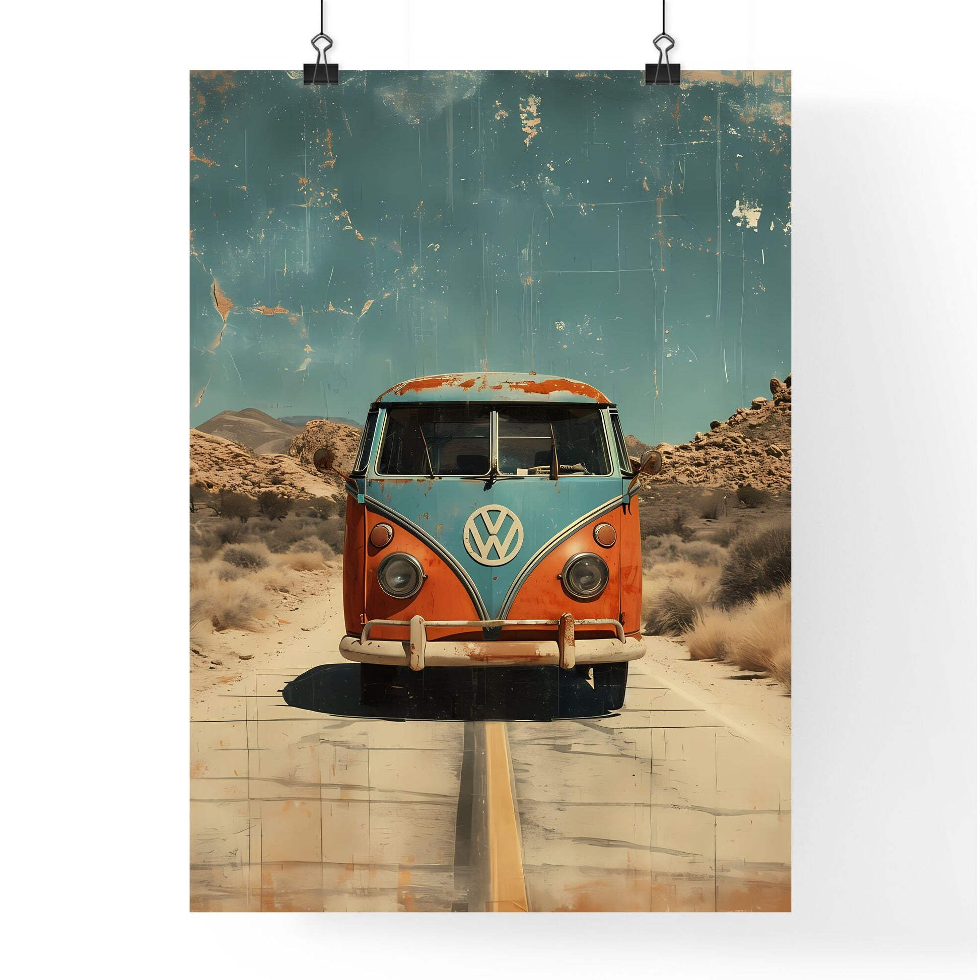 A van drives down the long road - Art print of an orange and blue van driving down a road Default Title
