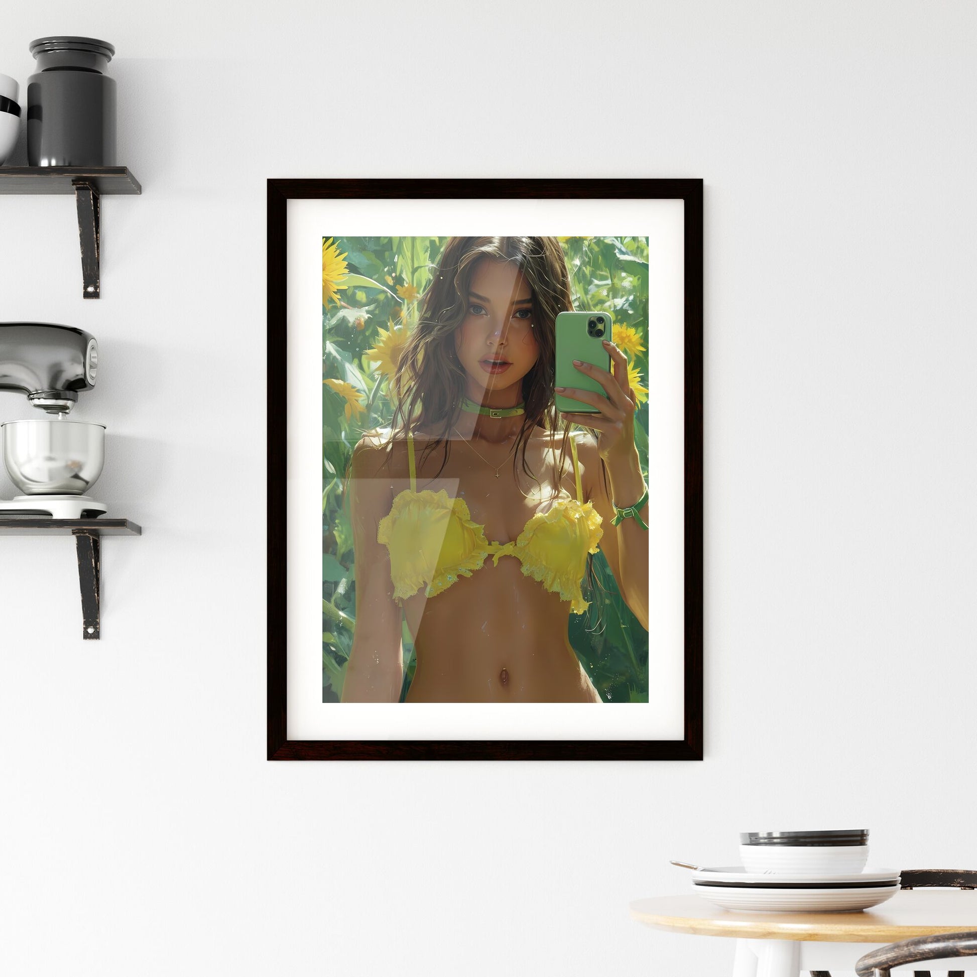 Surprised woman with beautiful legs taking pictures of herself with iPhone - Art print of a woman taking a selfie in a yellow garment Default Title