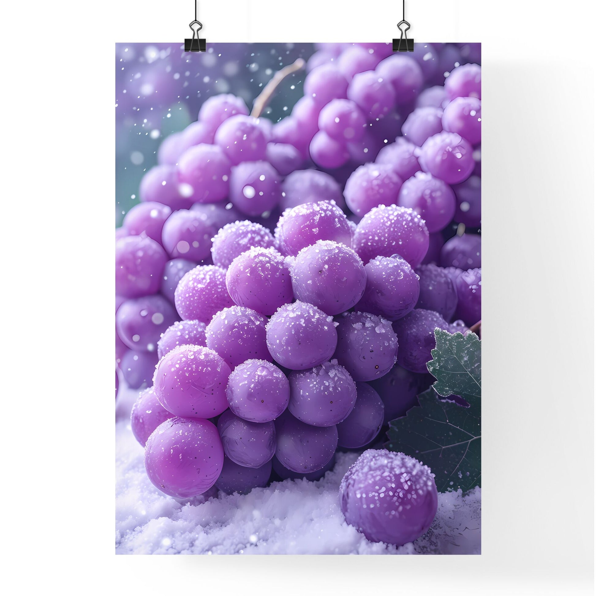 A bunch of purple grapes covered in snow - Art print of a bunch of purple grapes with leaves and snow Default Title