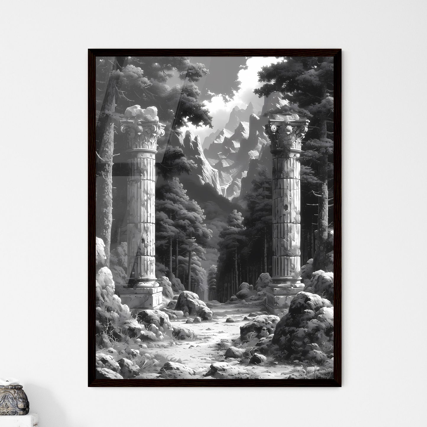 A French Chateau winery - Art print of a stone pillars in a forest Default Title