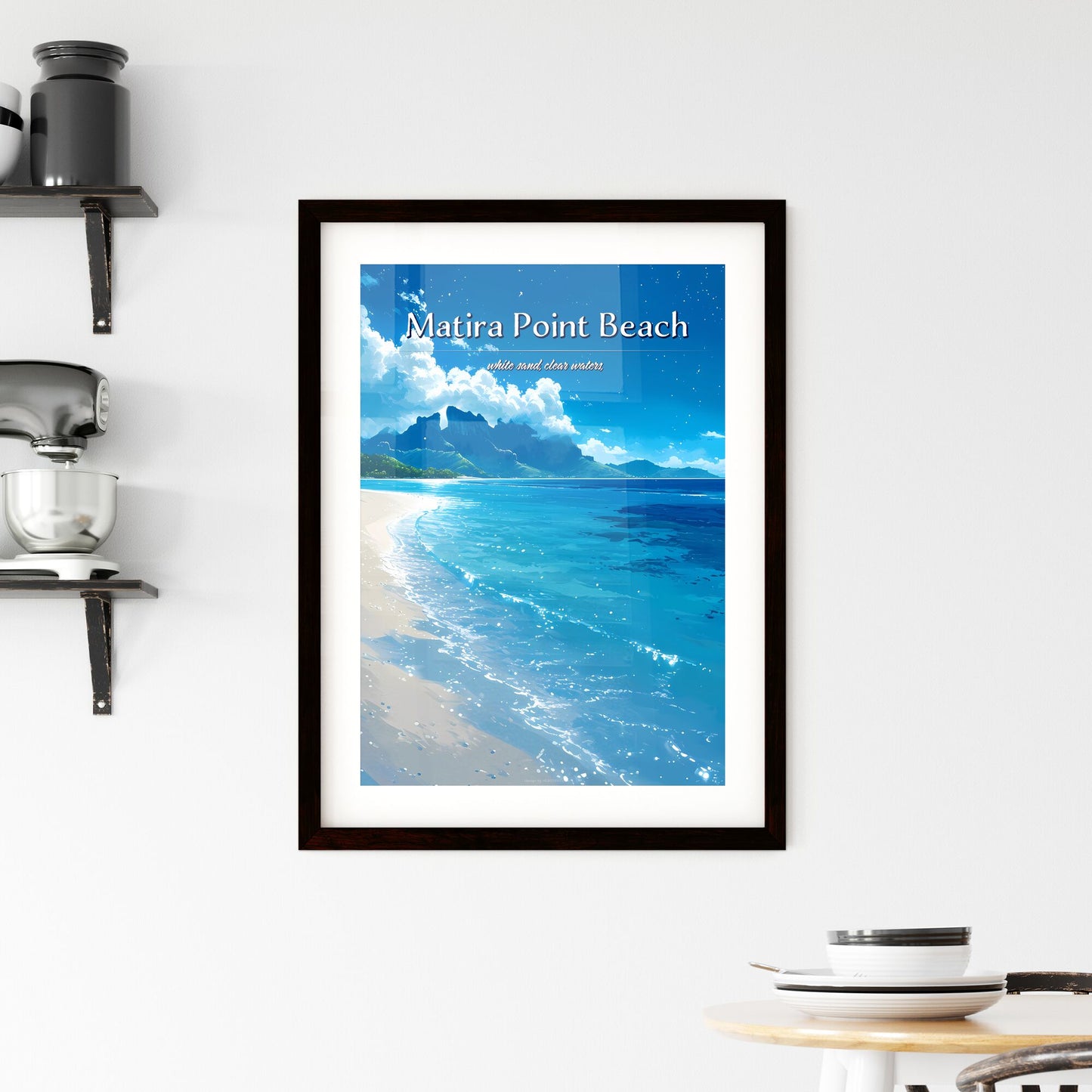 Matira Point Beach - Art print of a beach with blue water and mountains in the background Default Title