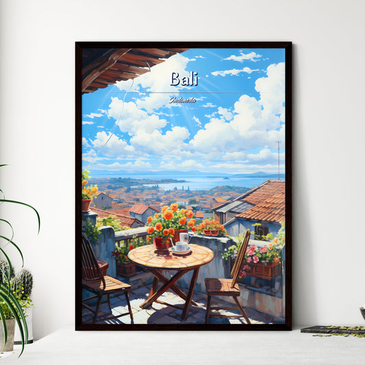 On the roofs of Bali, Indonesia - Art print of a table and chairs on a balcony with a view of a city and water Default Title