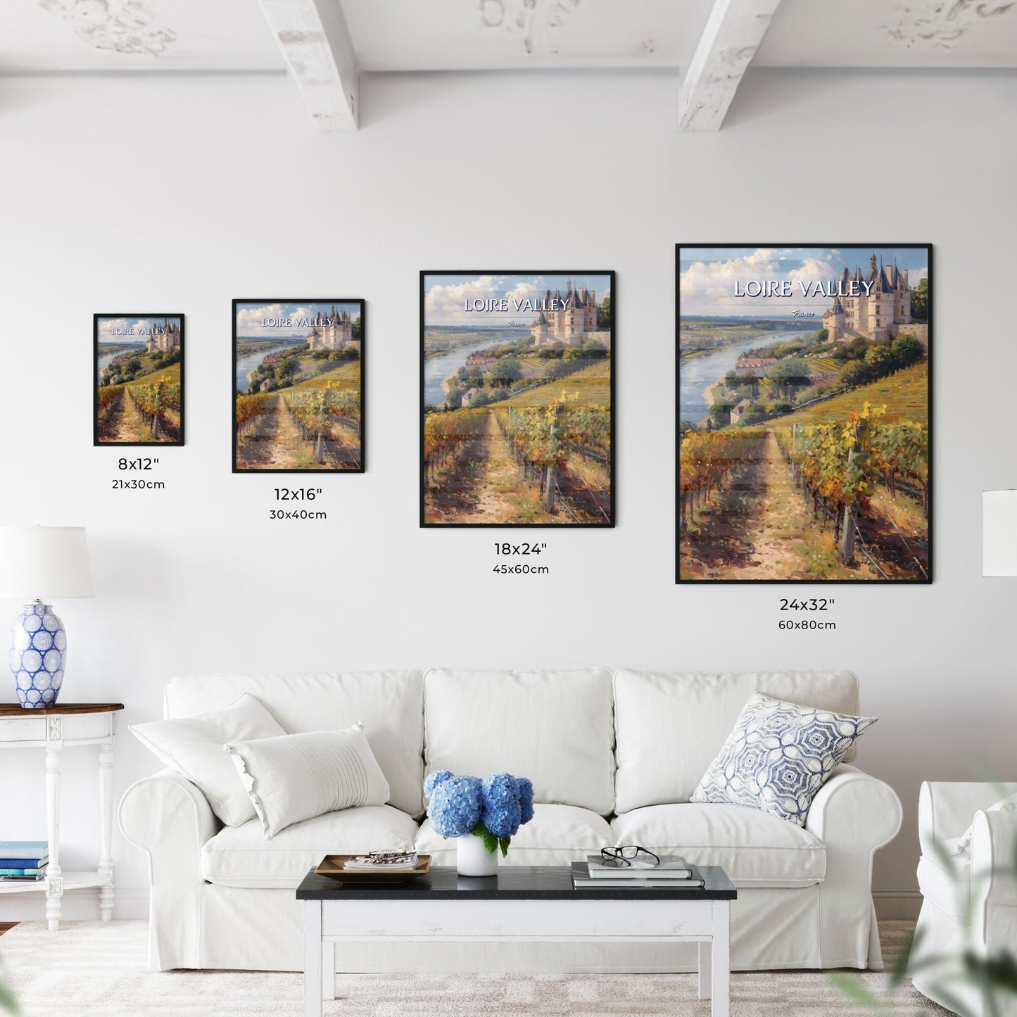 Loire Valley, France - Art print of a castle on a hill with a river and a vineyard Default Title