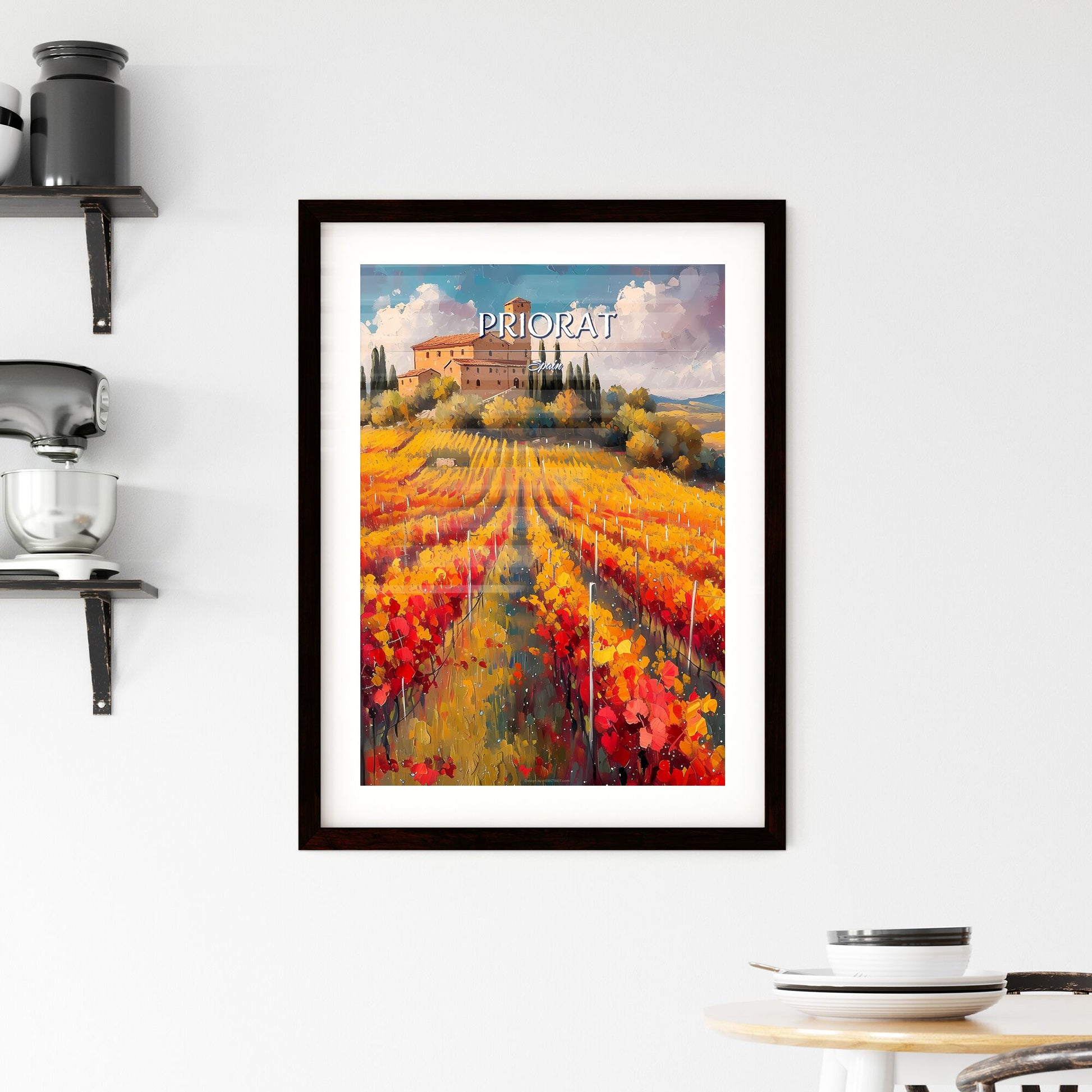 Priorat, Spain - Art print of a painting of a house on a hill with rows of colorful vines Default Title