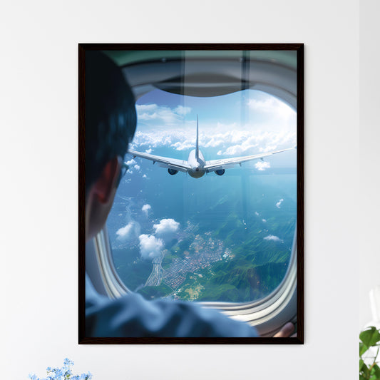 Take a break from the rush - Art print of a person looking out a window of an airplane flying over a landscape Default Title