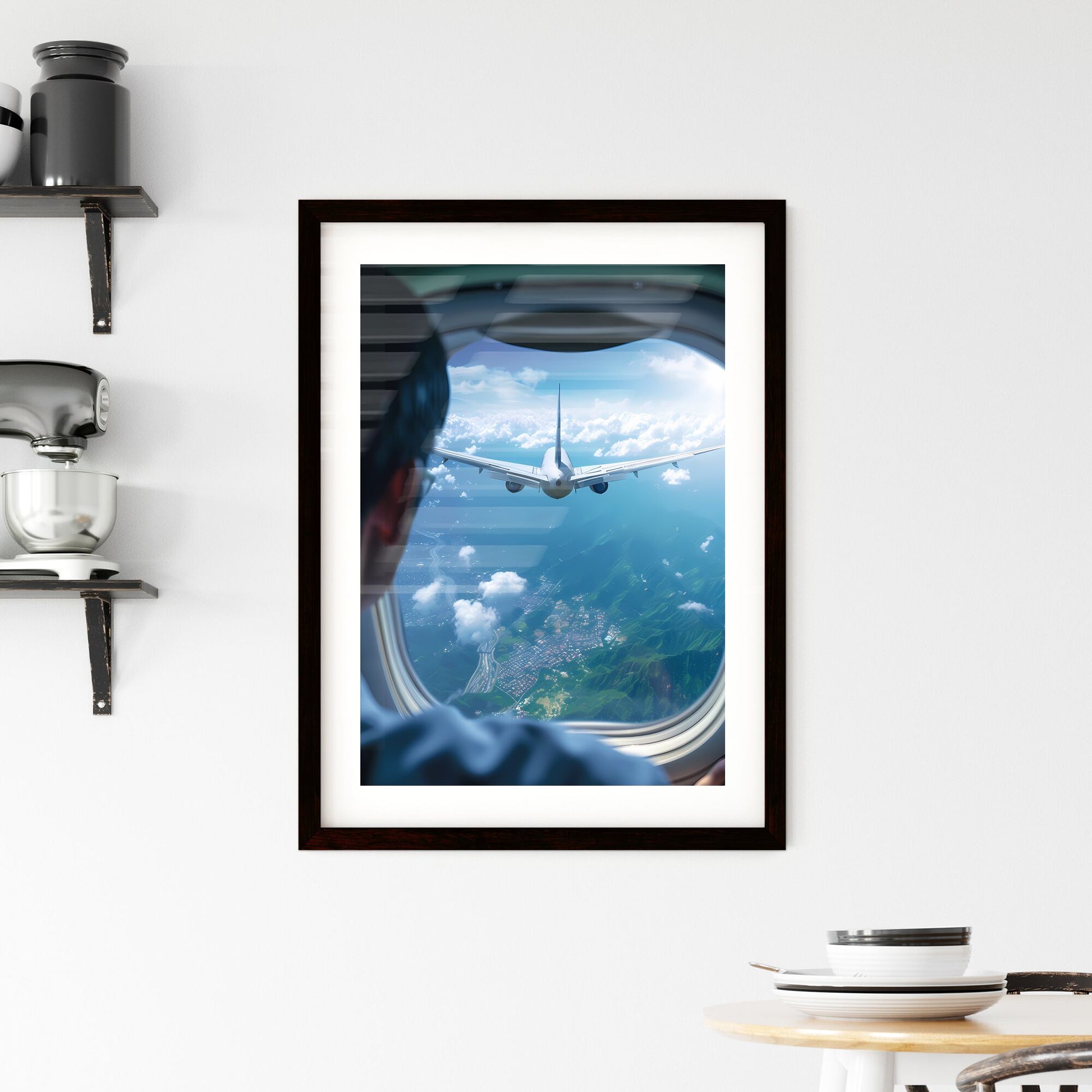 Take a break from the rush - Art print of a person looking out a window of an airplane flying over a landscape Default Title