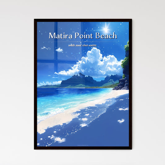 Matira Point Beach - Art print of a beach with a rocky cliff and mountains in the background Default Title