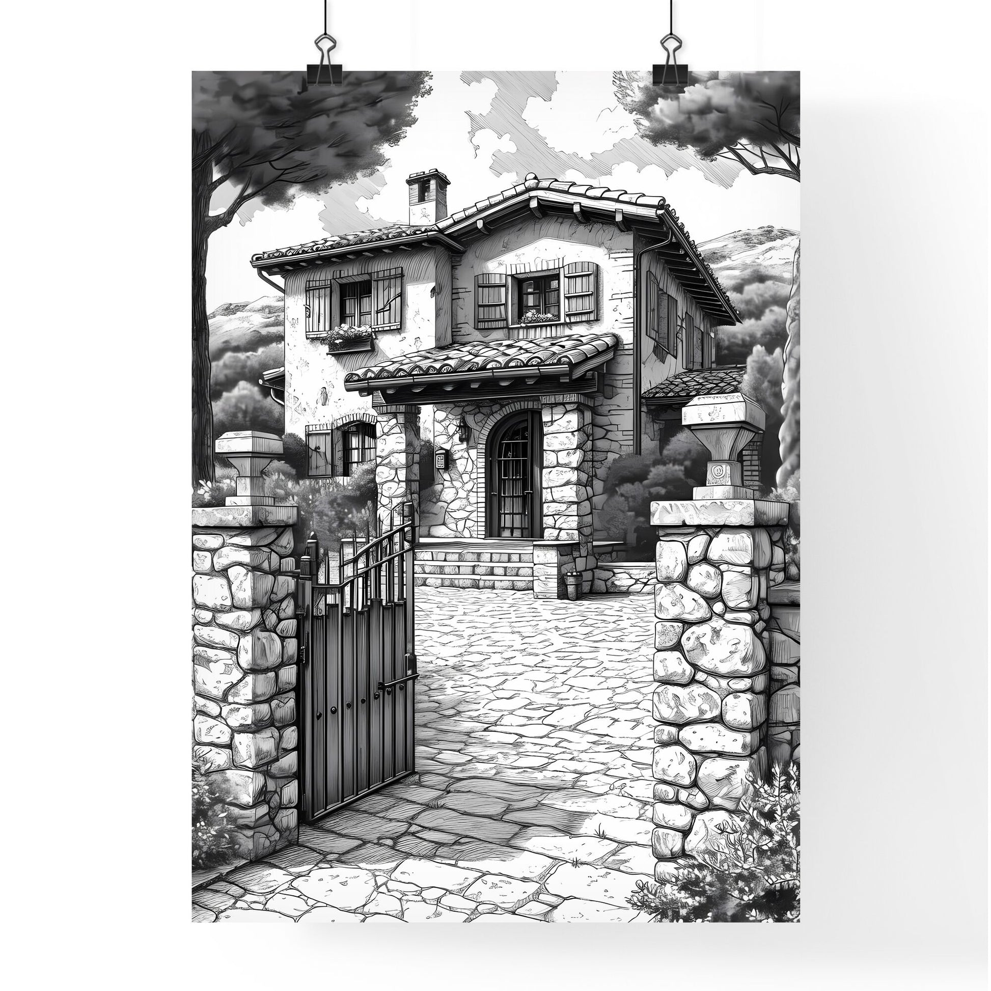 A French Chateau winery - Art print of a drawing of a house with a gate and trees Default Title