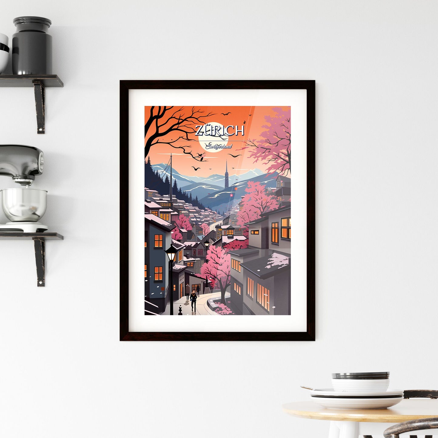 Zürich, Switzerland, - Art print of a city with trees and mountains Default Title