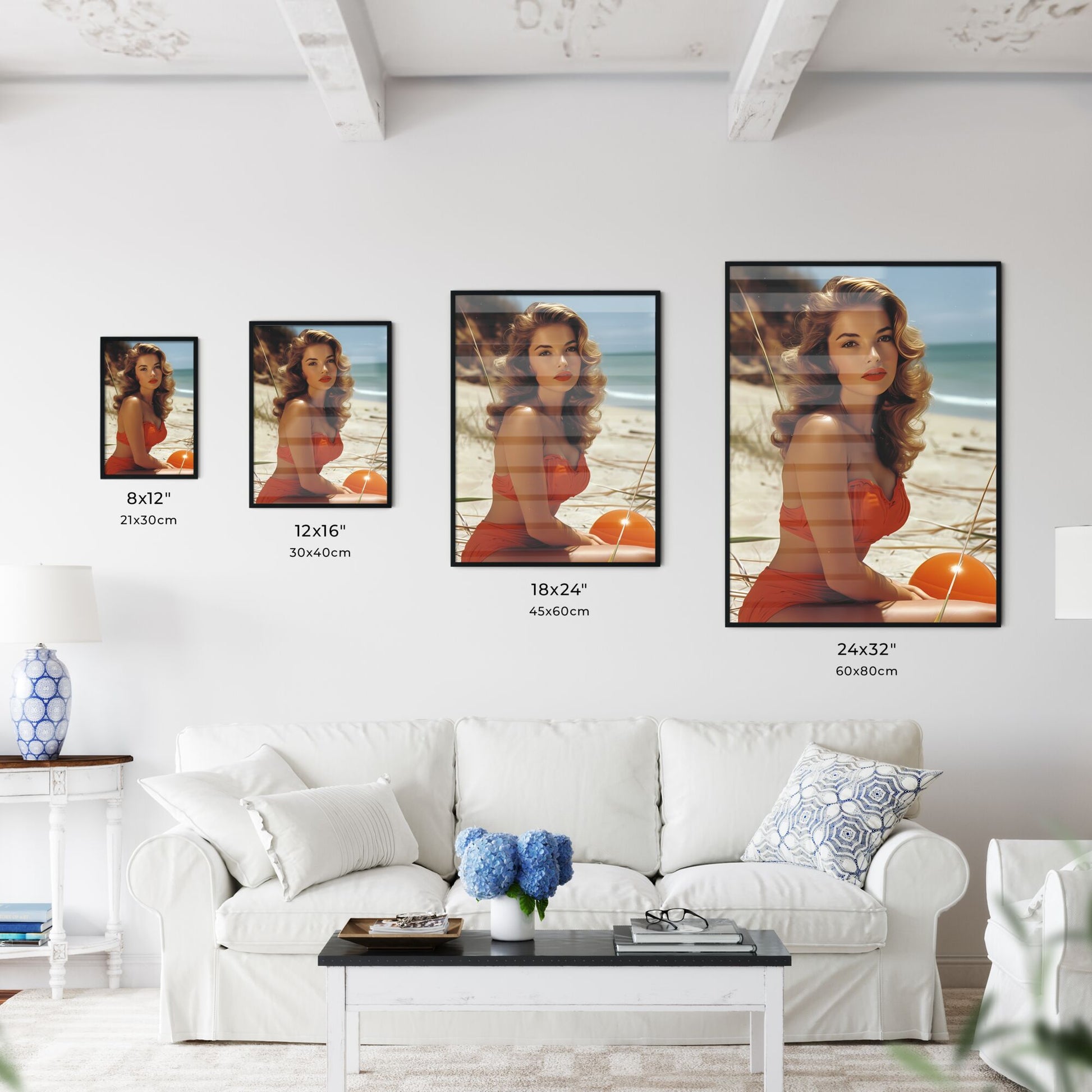 Sandra Bernhart playing - Art print of a woman in a swimsuit sitting on a beach Default Title