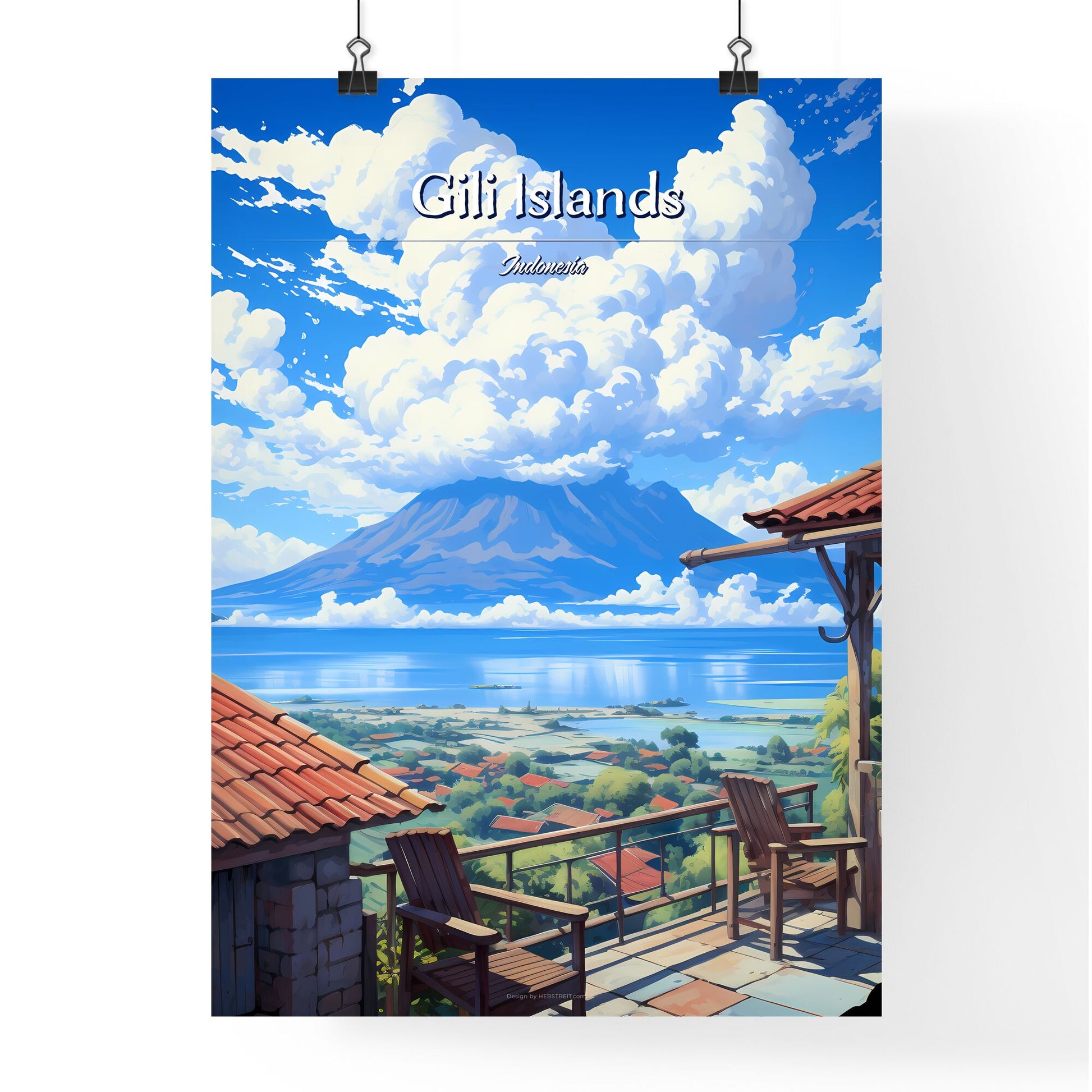 On the roofs of Gili Islands, Indonesia - Art print of a view of a mountain and a lake from a balcony Default Title