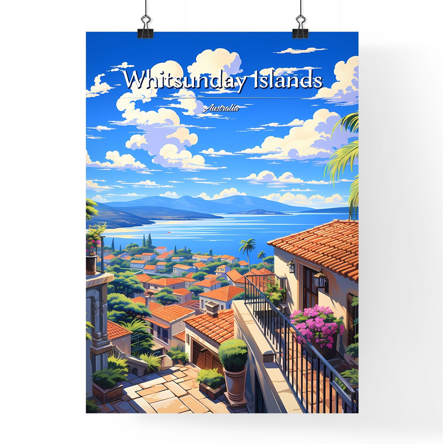 On the roofs of Whitsunday Islands, Australia - Art print of a view of a town from a hill overlooking a body of water Default Title
