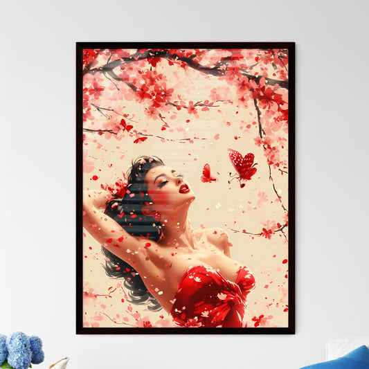 Playful scene of a retro housewife - Art print of a woman in a red dress under a tree with butterflies Default Title
