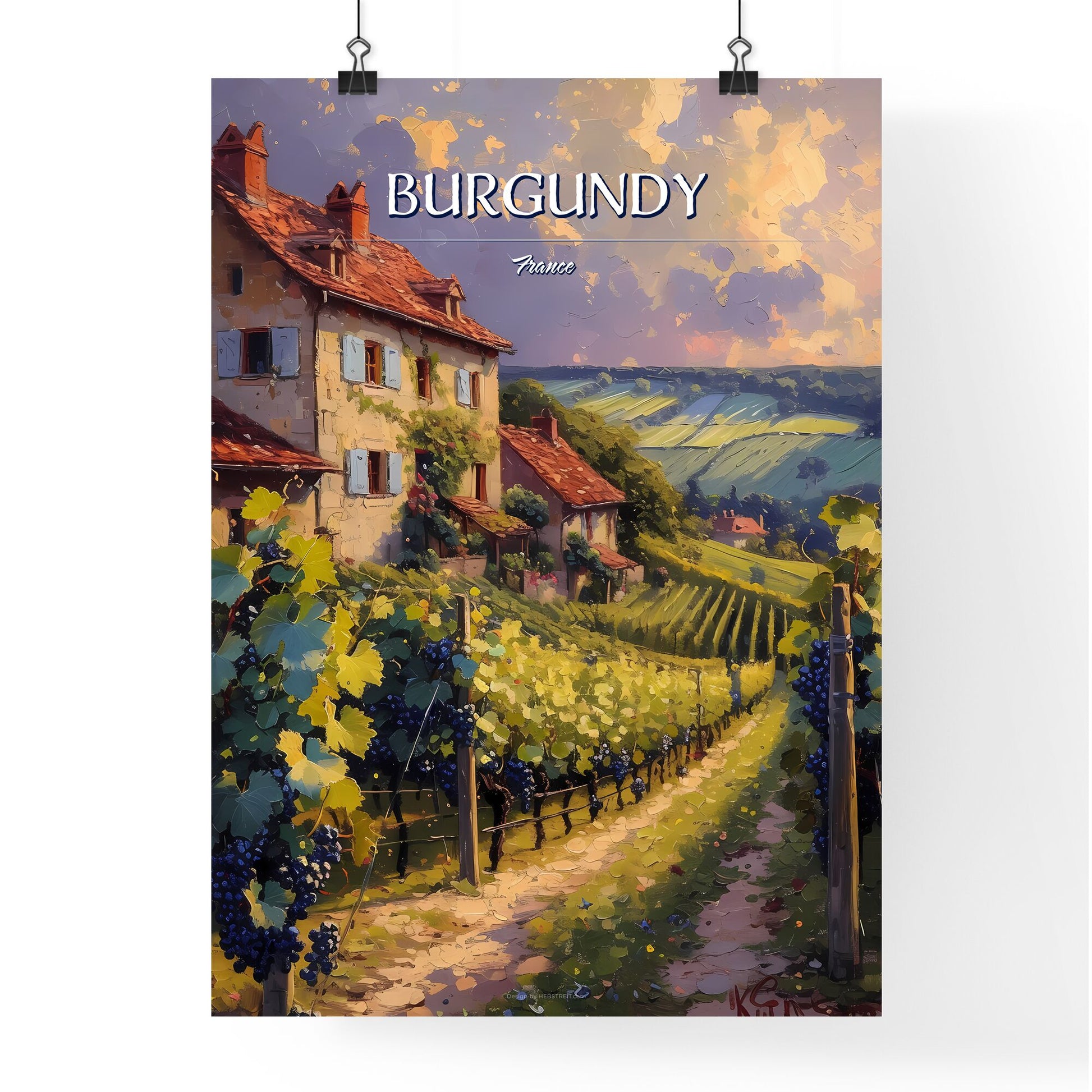 Burgundy, France - Art print of a painting of a house with a vineyard Default Title