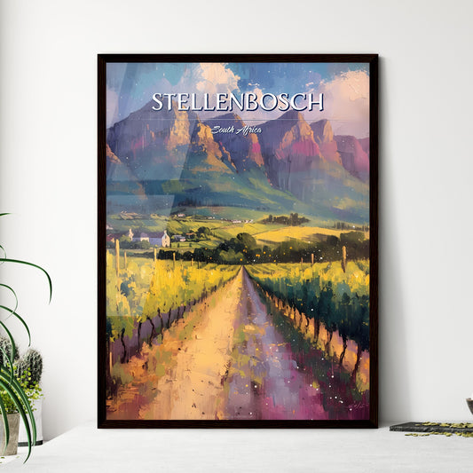 Stellenbosch, South Africa - Art print of a painting of a vineyard and mountains Default Title