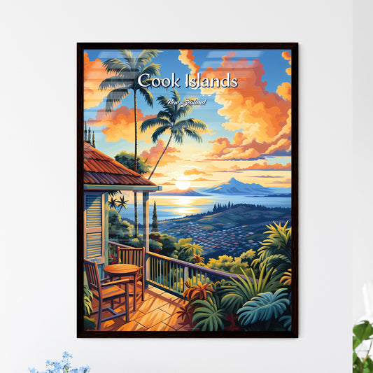On the roofs of Cook Islands, New Zealand - Art print of a painting of a house overlooking a valley with palm trees and a sunset Default Title