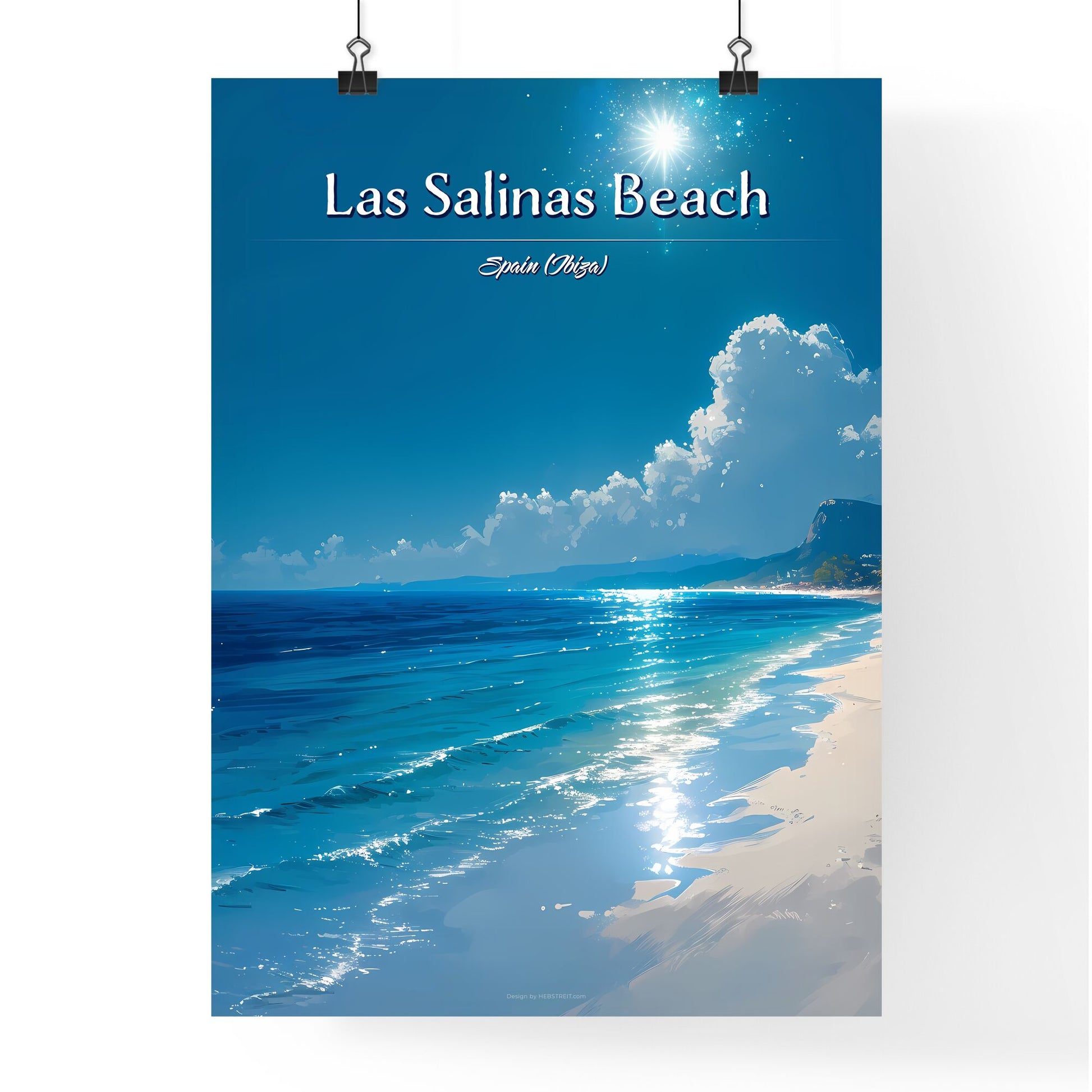 Las Salinas Beach, Spain (Ibiza) - Art print of a beach with blue water and clouds Default Title