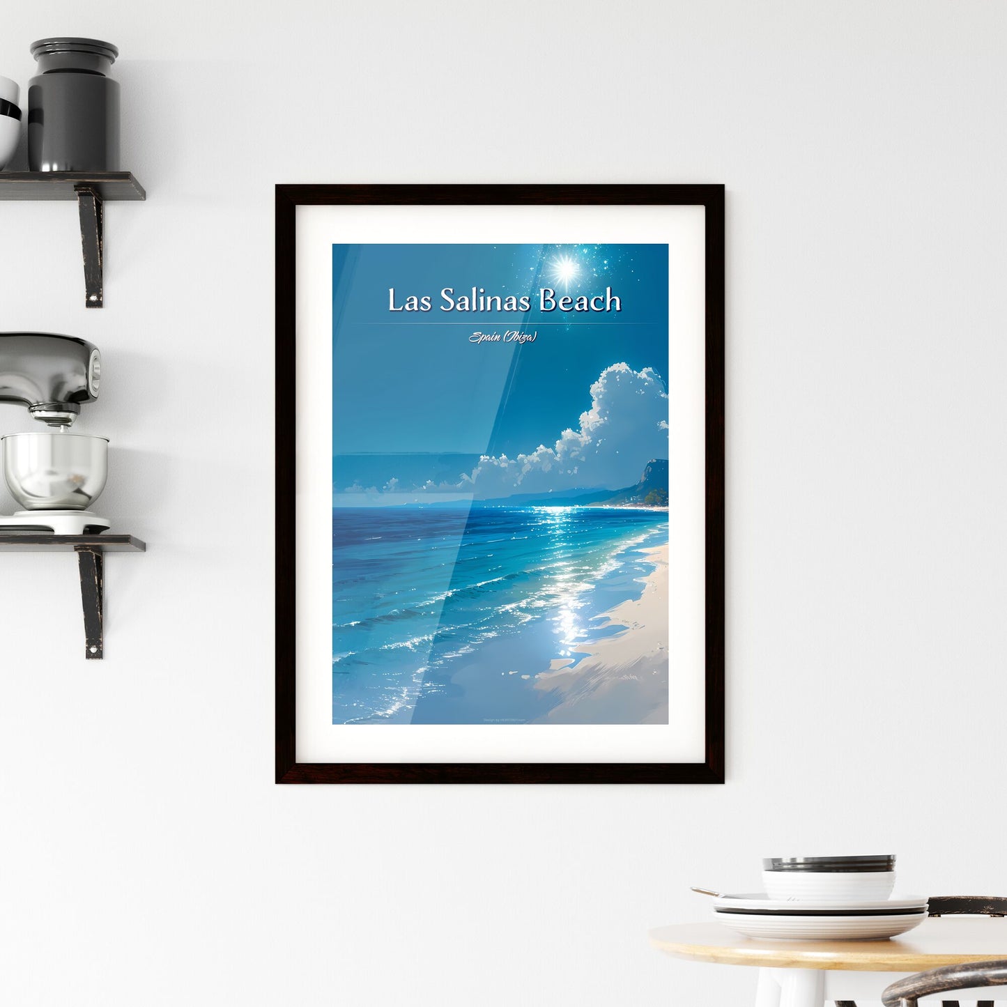 Las Salinas Beach, Spain (Ibiza) - Art print of a beach with blue water and clouds Default Title