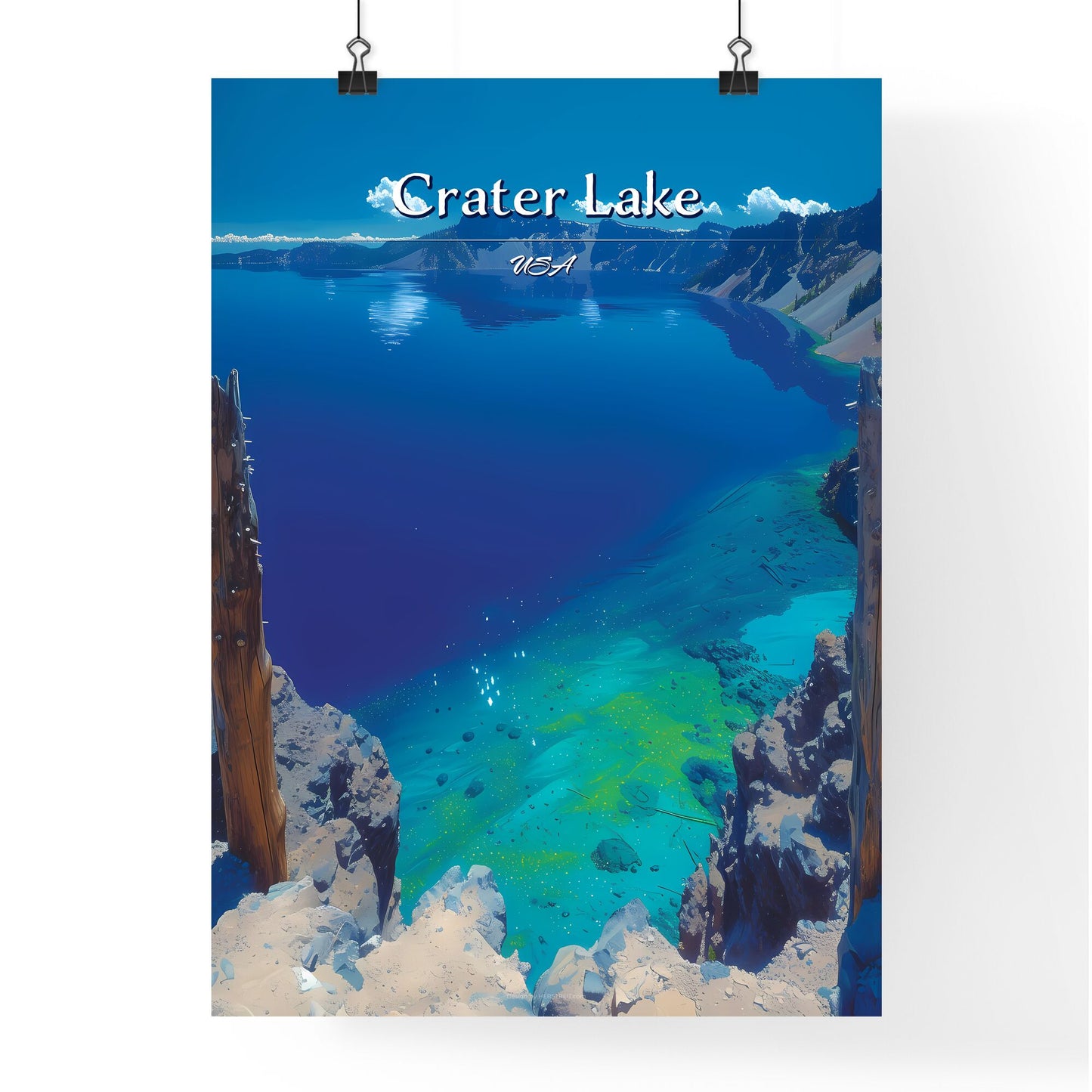 Crater Lake, USA - Art print of a blue lake with rocks and trees Default Title