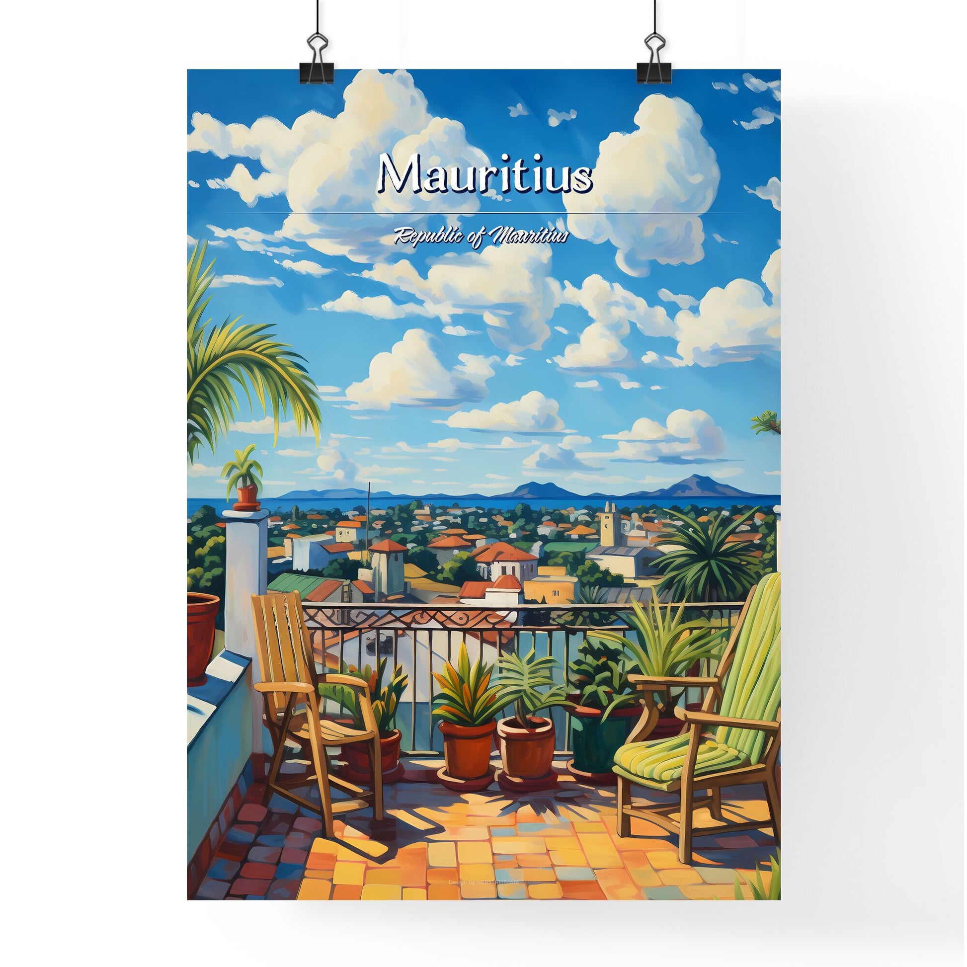 On the roofs of Mauritius, Republic of Mauritius - Art print of a painting of a balcony with chairs and plants Default Title