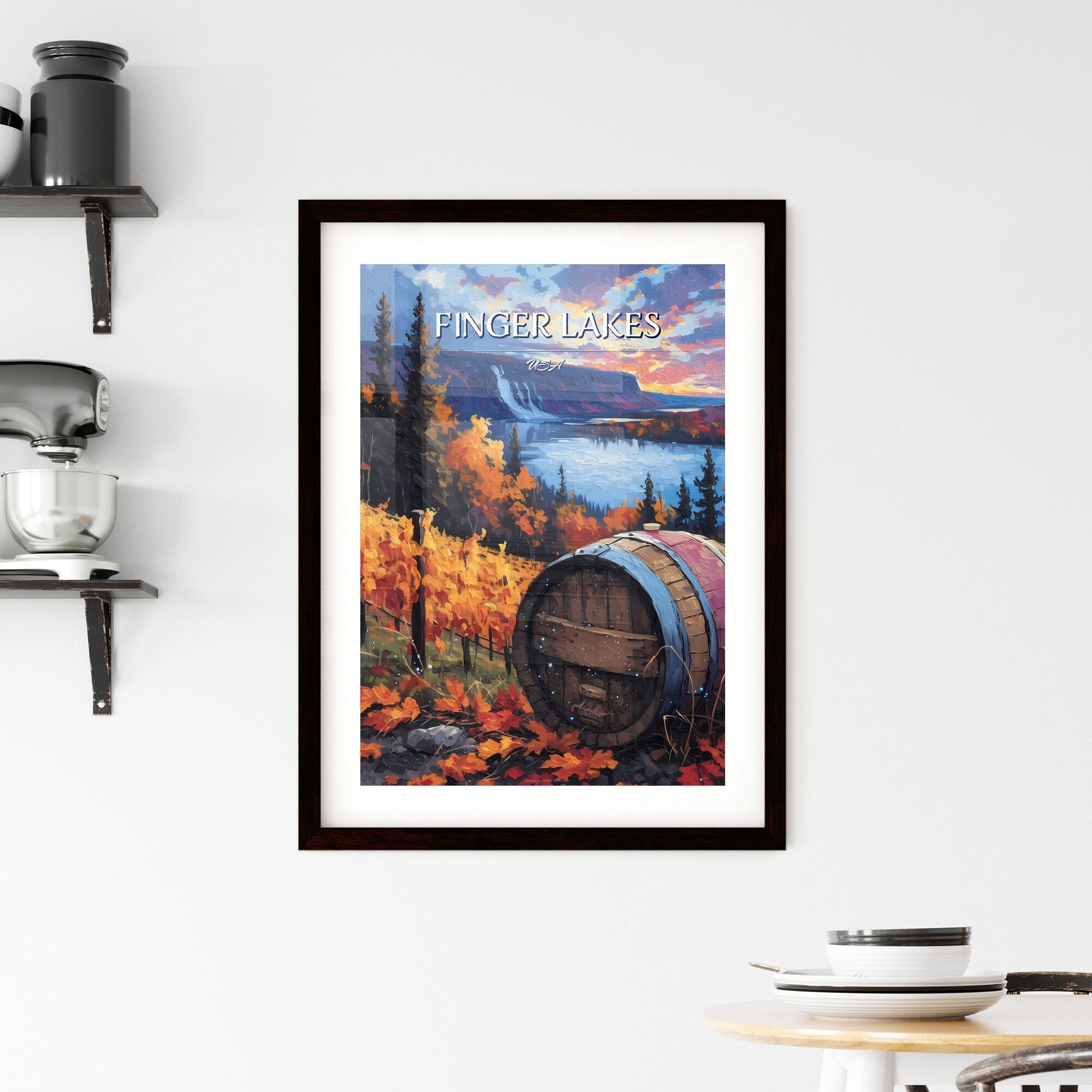 Finger Lakes, USA - Art print of a painting of a wine barrel in a vineyard Default Title
