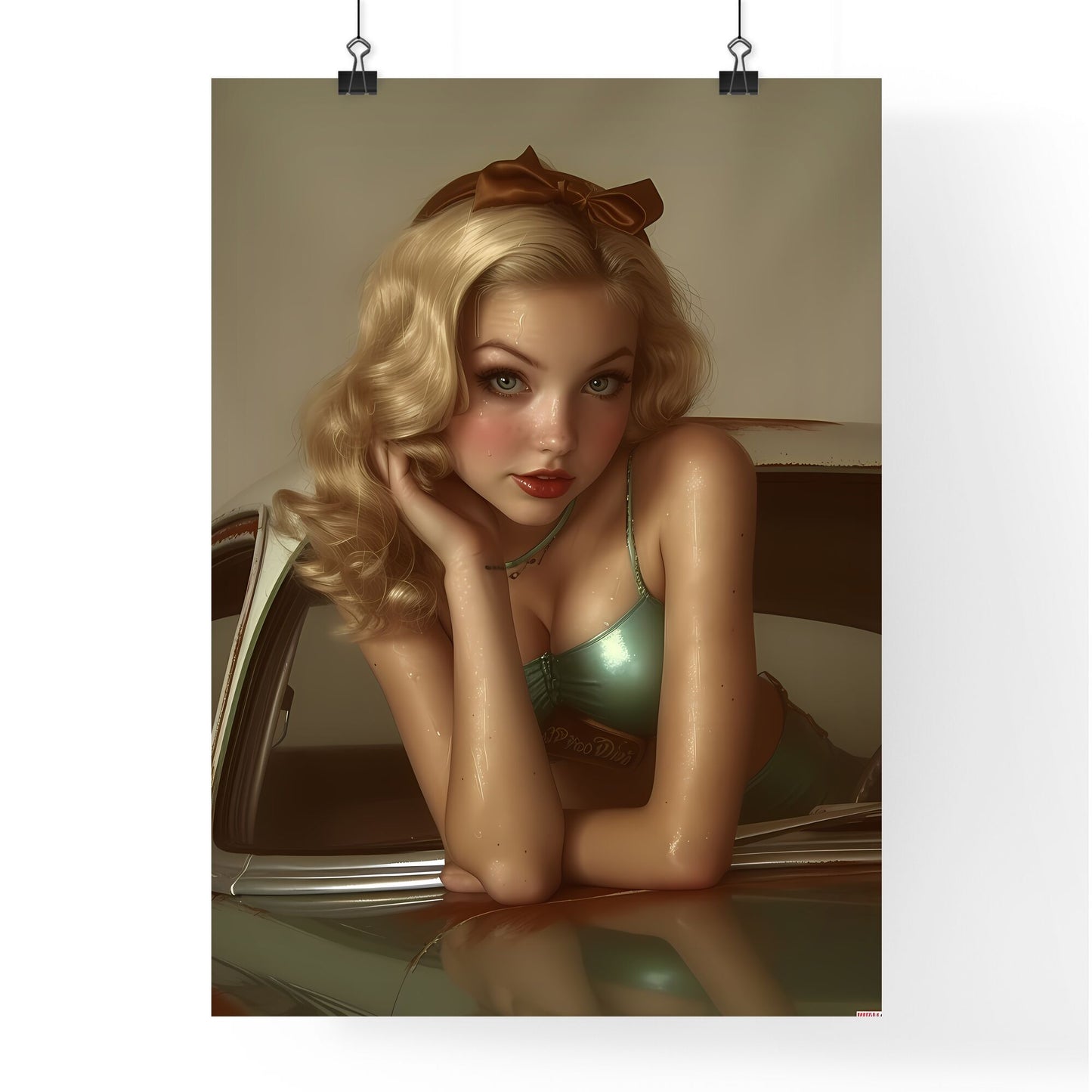 The vintage pin up girl leaning on a car - Art print of a woman posing in a car Default Title