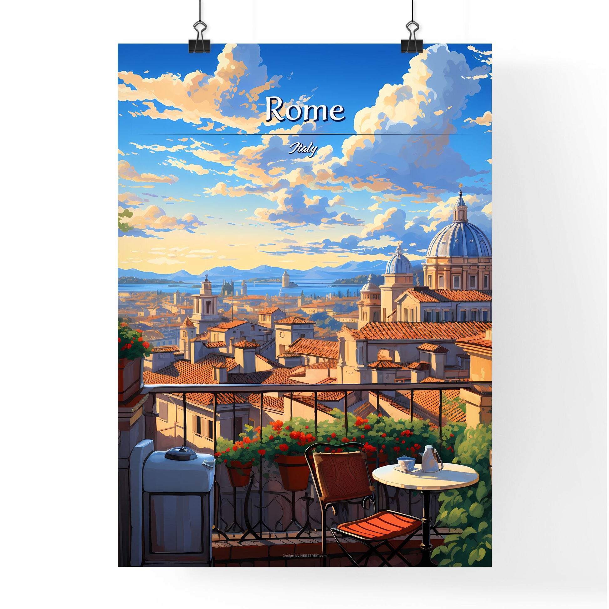 On the roofs of Rome, Italy - Art print of a balcony with a view of a city and a blue sky Default Title