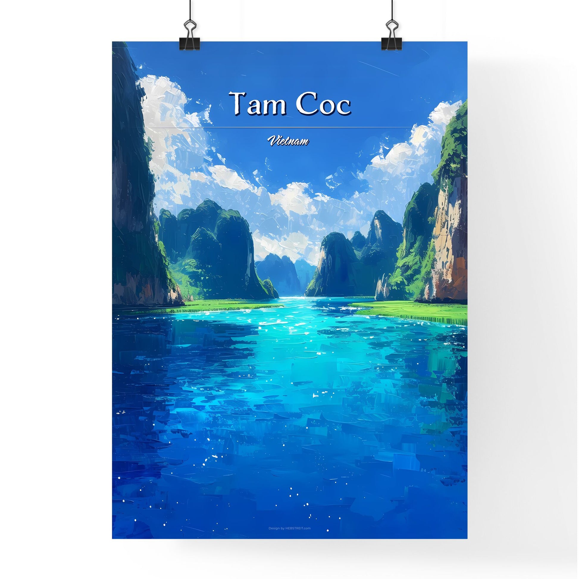 Tam Coc, Vietnam - Art print of a blue water with mountains and grass Default Title