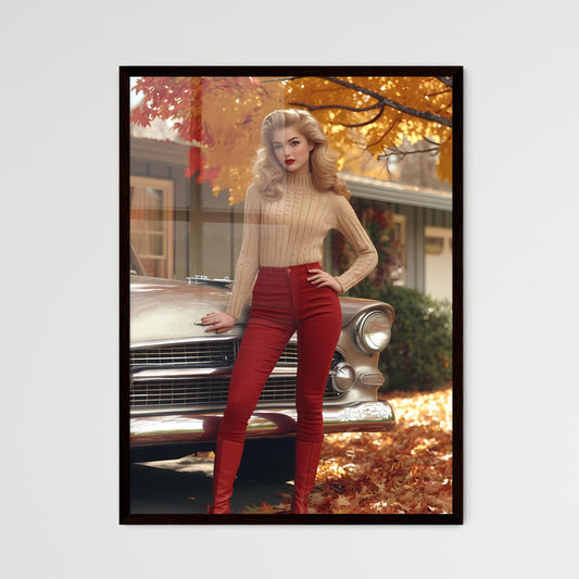 The vintage pin up girl leaning on a car - Art print of a woman standing next to a car Default Title