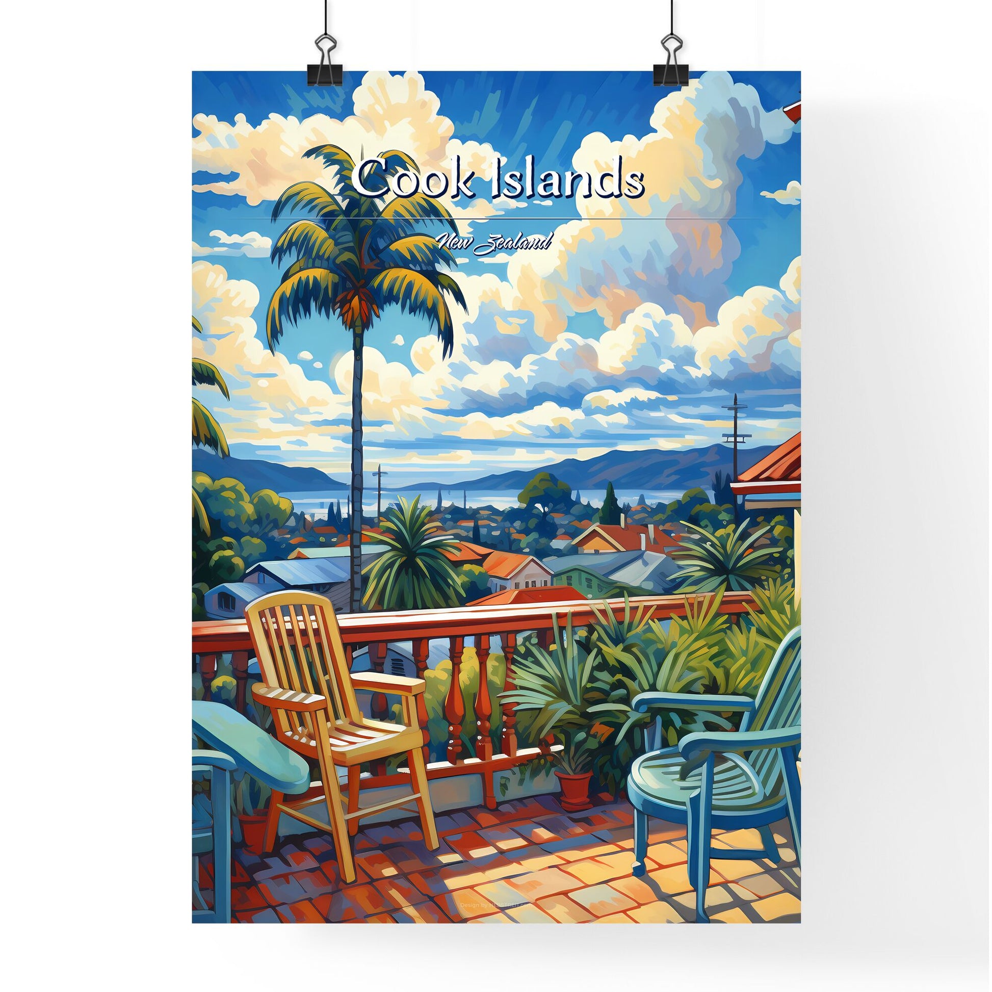 On the roofs of Cook Islands, New Zealand - Art print of a deck with chairs and palm trees Default Title