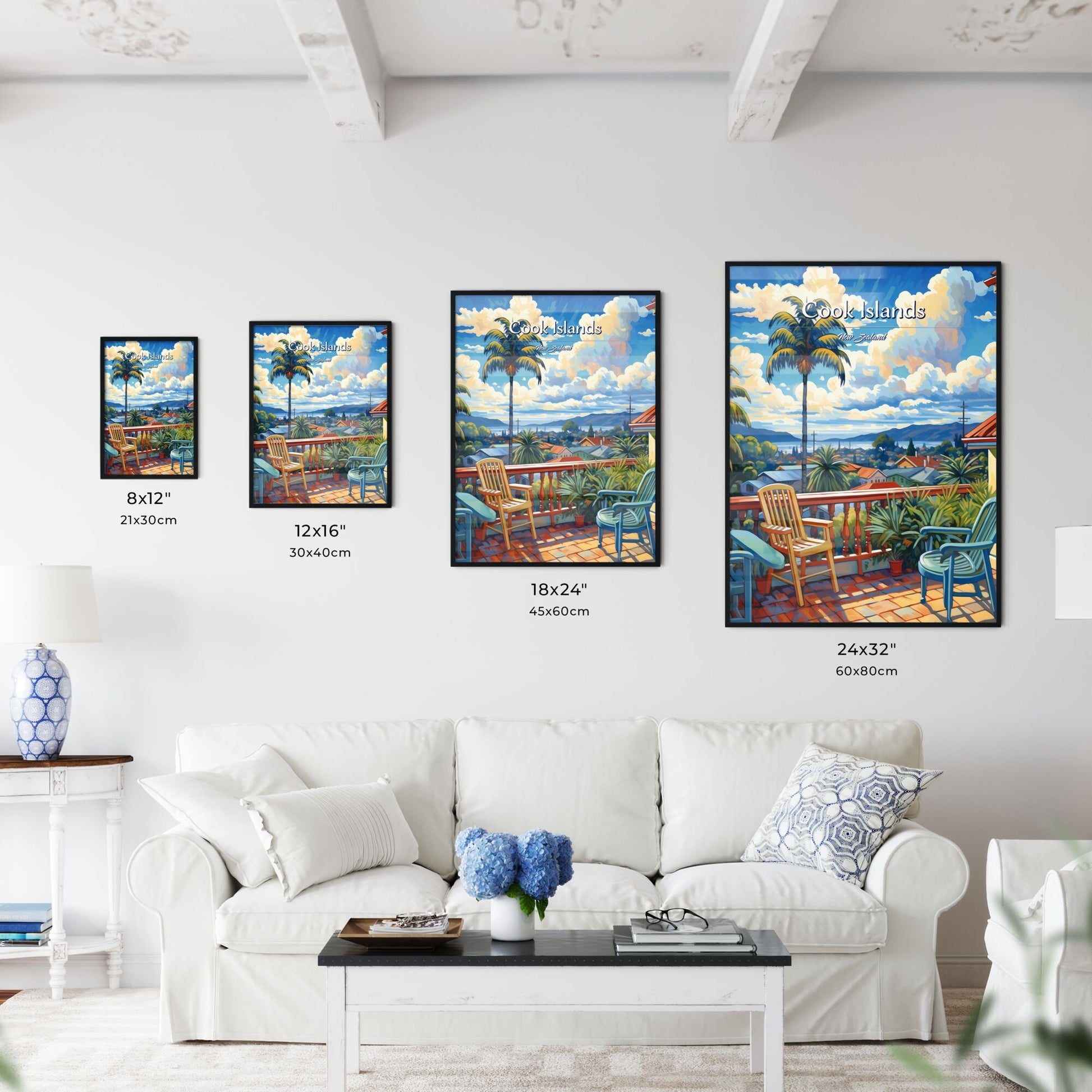 On the roofs of Cook Islands, New Zealand - Art print of a deck with chairs and palm trees Default Title